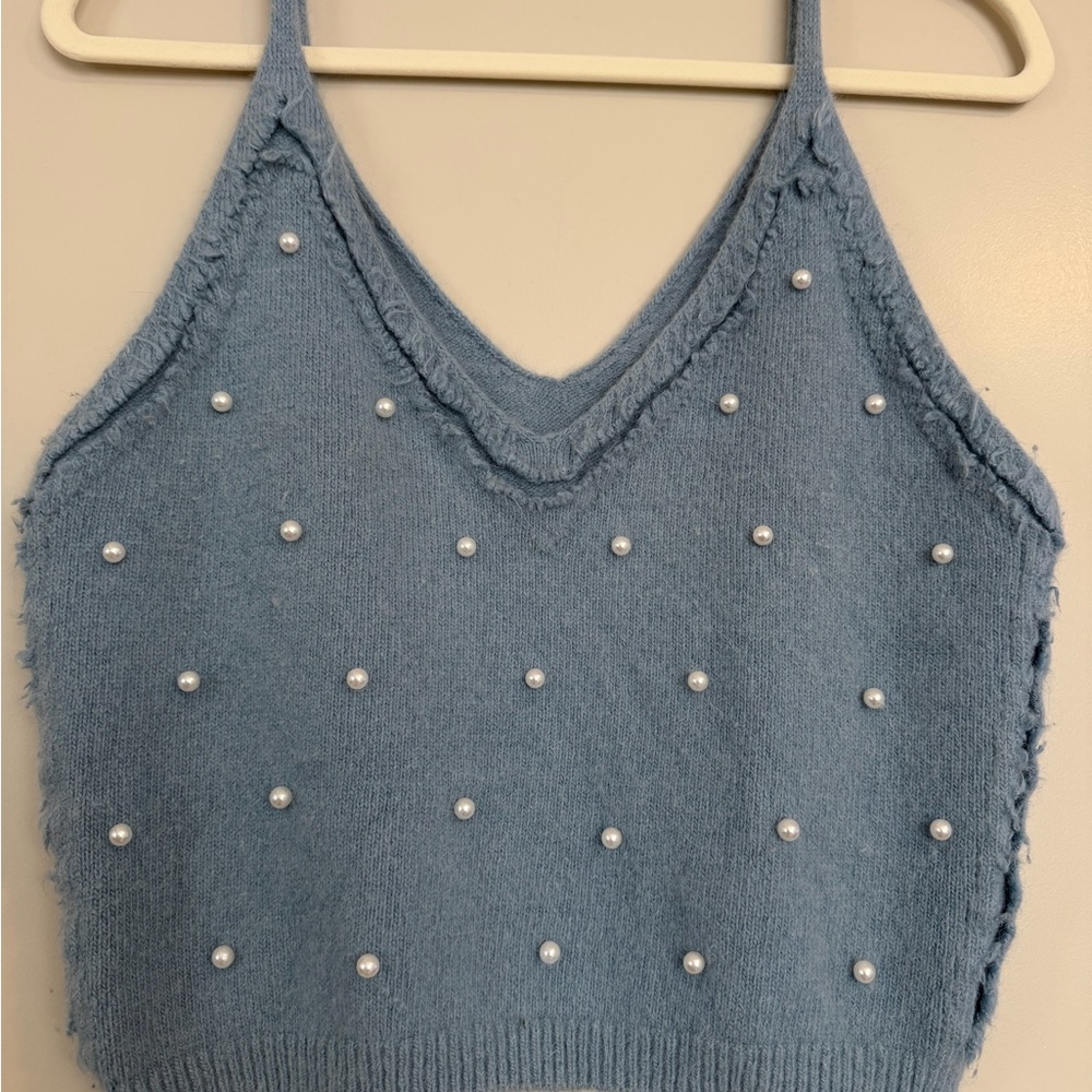 Blue Pearl-Embellished Knit Tank Top